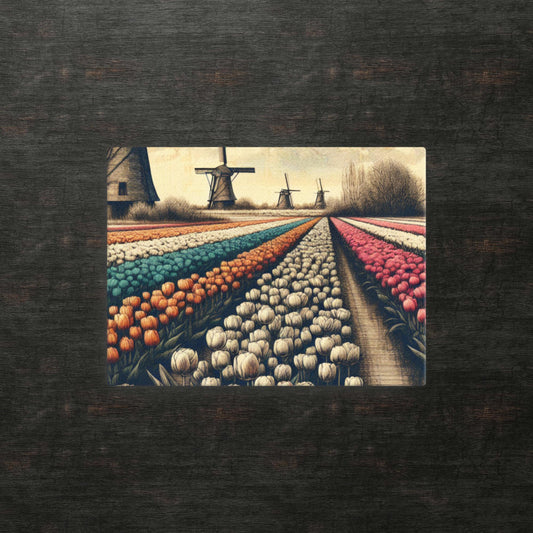 Wunderliche Tulpenfelder und holländische Windmühlen – gerahmte Leinwand