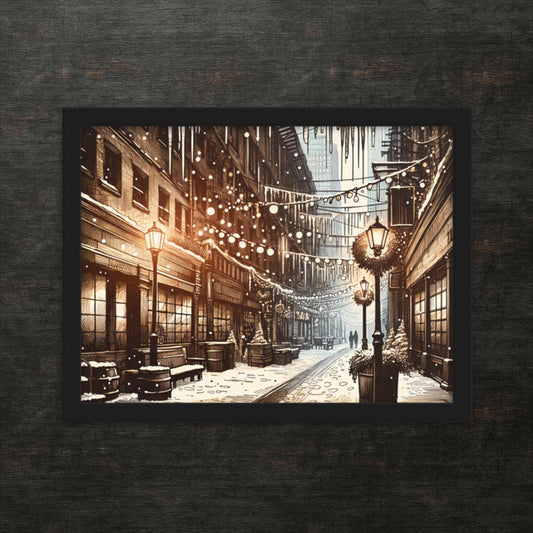 Verzauberte Winterlichter entlang der Altstadtstraße – gerahmtes Poster