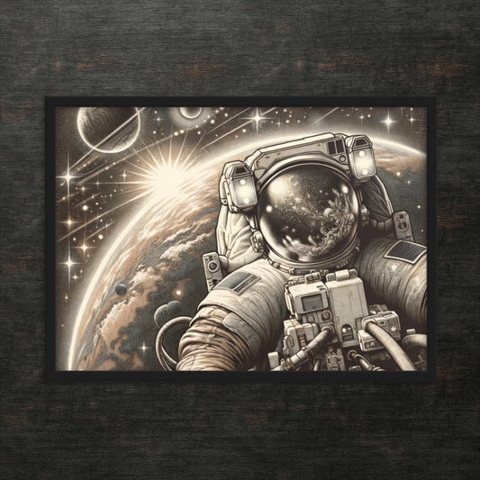 Der einsame Blick des Astronauten in den Kosmos – gerahmtes Poster