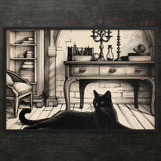 Eleganter Salon mit königlicher schwarzer Katze – gerahmtes Poster