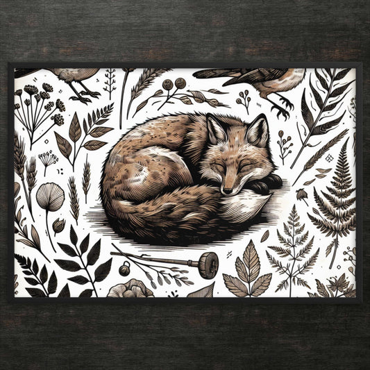 Schlafender Fuchs inmitten verzauberter Flora – gerahmtes Poster