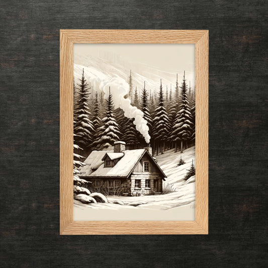 Winterstille in der Berghütte – gerahmtes Poster