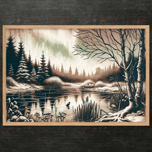 Whispering Pines on Frosted Dawn – Gerahmtes Poster