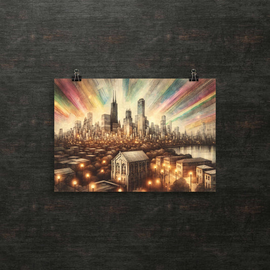 Stadtbild-Glühen inmitten strahlender Himmel – Poster