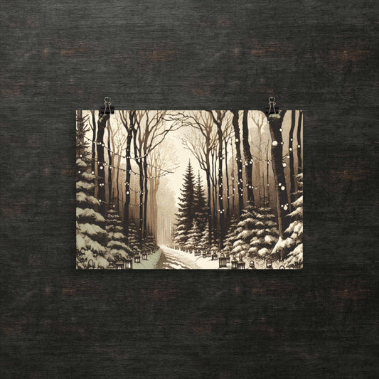 Verzauberter verschneiter Pfad durch flüsternde Wälder - Poster