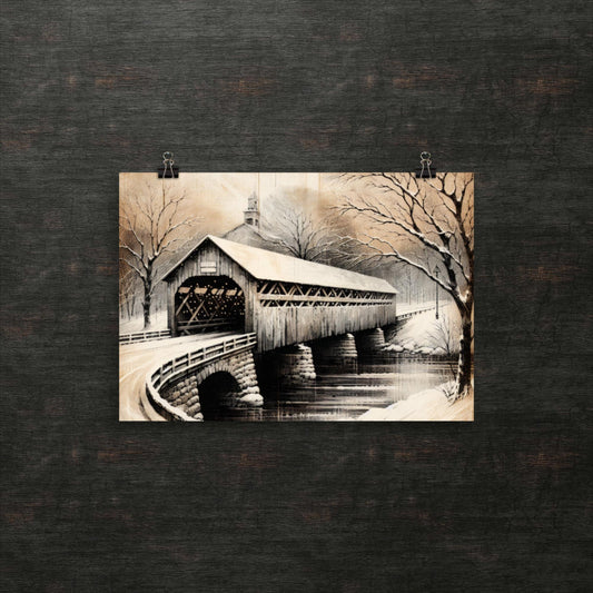 Vintage Winterlandschaft an der überdachten Brücke - Poster
