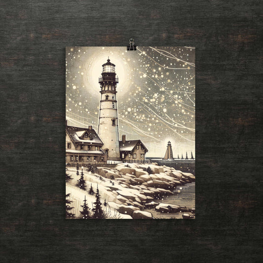 Verzauberter Leuchtturm inmitten winterlicher Serenade – Poster