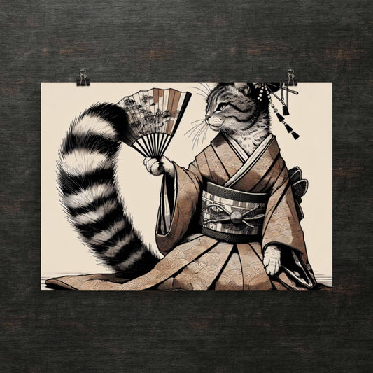 Anspruchsvolles Kätzchen im Kimono mit Fächer – Poster