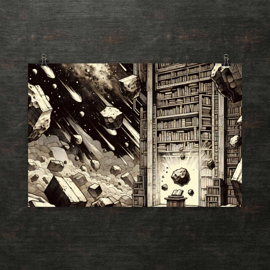 Weltraumbibliothek im Asteroidenfeld - Poster