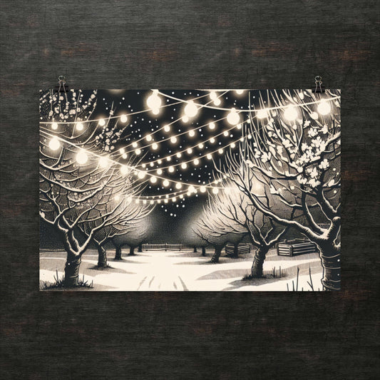 Sternennacht und funkelnde Lichter in einem Winterwald - Poster