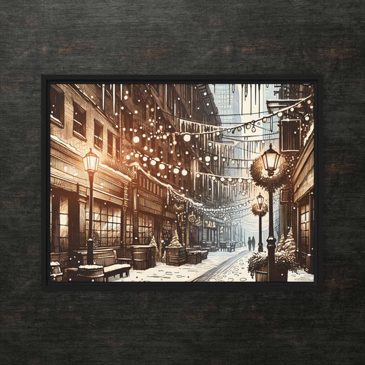 Verzauberte Winterlichter entlang der Altstadtstraße – gerahmte Leinwand