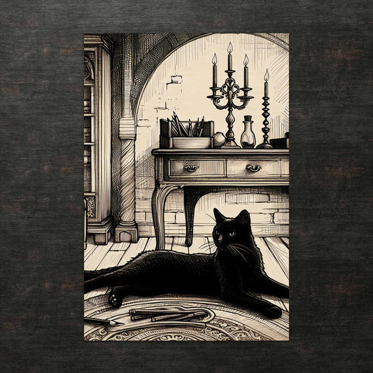 Eleganter Salon mit königlicher schwarzer Katze - Postkarte