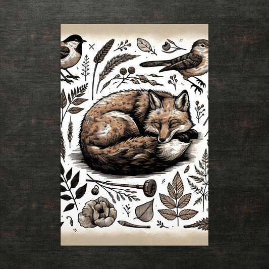 Schlafender Fuchs inmitten verzauberter Flora - Postkarte