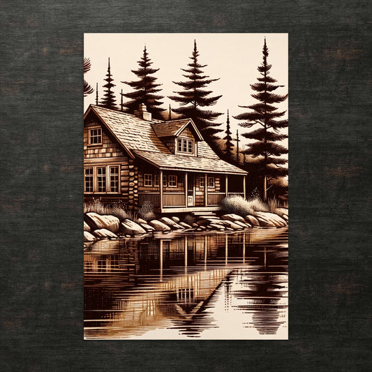 Ruhige Hütte am Seeufer in Sepia Woods - Postkarte